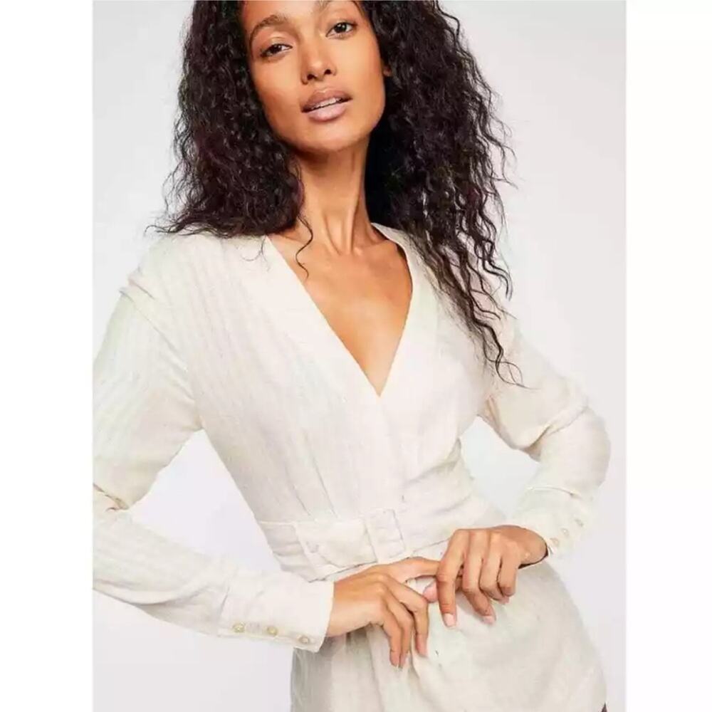 Free People Belted Smocked Button Front Long Sleeve‎ Blouse Beige Womens Size XS